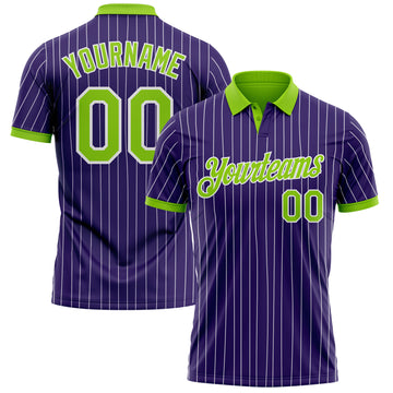 Custom Purple White Pinstripe-Neon Green Performance Polo Shirt