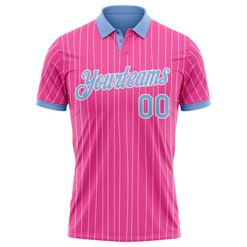 Custom Pink White Pinstripe-Light Blue Performance Polo Shirt