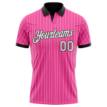 Custom Pink White Pinstripe-Black Performance Polo Shirt