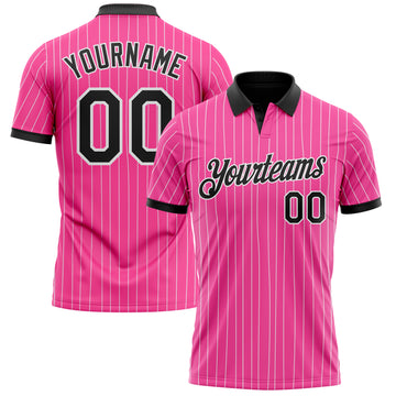 Custom Pink White Pinstripe-Black Performance Polo Shirt