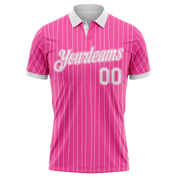 Custom Pink White Pinstripe-White Performance Polo Shirt