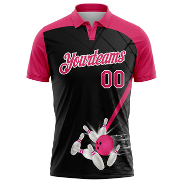 Custom Black Pink-White Bowling Geometric Grid Performance Polo Shirt
