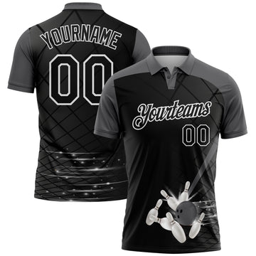 Custom Black Steel Gray-White Bowling Geometric Grid Performance Polo Shirt