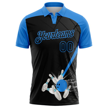 Custom Black-Powder Blue Bowling Geometric Grid Performance Polo Shirt