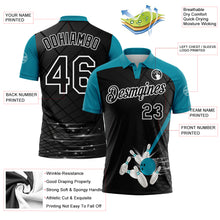 Charger l'image dans la galerie, Custom Black Teal-White Bowling Geometric Grid Performance Polo Shirt
