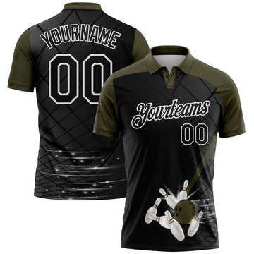 Custom Black Olive-White Bowling Geometric Grid Performance Polo Shirt