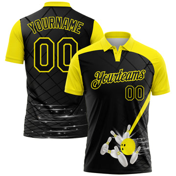 Custom Black-Light Yellow Bowling Geometric Grid Performance Polo Shirt