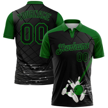Custom Black-Grass Green Bowling Geometric Grid Performance Polo Shirt