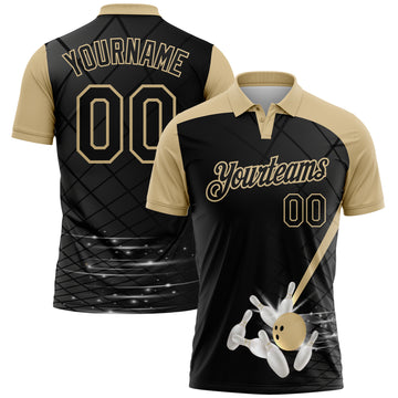 Custom Black-Vegas Gold Bowling Geometric Grid Performance Polo Shirt