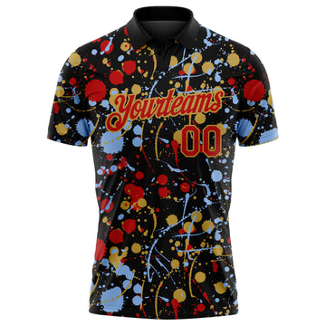 Custom Graffiti Pattern Red Black Light Blue-Old Gold Vibrant Multi-Color Abstract Splatter Performance Polo Shirt