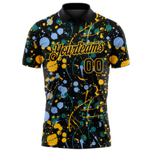 Load image into Gallery viewer, Custom Graffiti Pattern Black Light Blue Gold-Teal Vibrant Multi-Color Abstract Splatter Performance Polo Shirt

