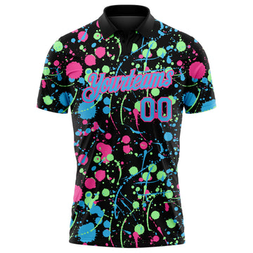 Custom Graffiti Pattern Sky Blue Black Pink-Pea Green Vibrant Multi-Color Abstract Splatter Performance Polo Shirt