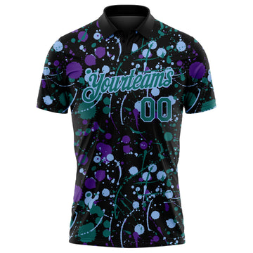 Custom Graffiti Pattern Teal Black Purple-Light Blue Vibrant Multi-Color Abstract Splatter Performance Polo Shirt