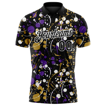 Custom Graffiti Pattern Black Purple Old Gold-White Vibrant Multi-Color Abstract Splatter Performance Polo Shirt