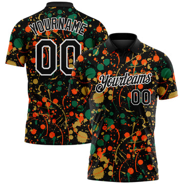 Custom Graffiti Pattern Black Kelly Green Old Gold Orange-White Vibrant Multi-Color Abstract Splatter Performance Polo Shirt