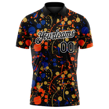 Custom Graffiti Pattern Black Royal Orange Old Gold-White Vibrant Multi-Color Abstract Splatter Performance Polo Shirt
