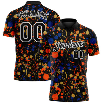 Custom Graffiti Pattern Black Royal Orange Old Gold-White Vibrant Multi-Color Abstract Splatter Performance Polo Shirt