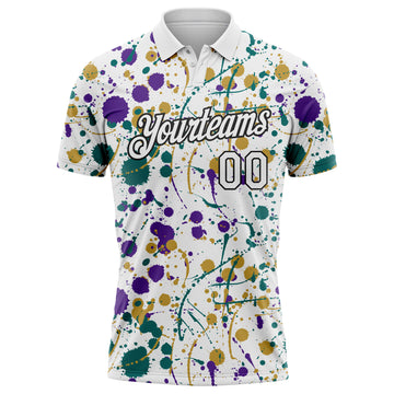 Custom Graffiti Pattern White Purple Teal Old Gold-Black Vibrant Multi-Color Abstract Splatter Performance Polo Shirt