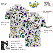 Load image into Gallery viewer, Custom Graffiti Pattern White Purple Teal Old Gold-Black Vibrant Multi-Color Abstract Splatter Performance Polo Shirt
