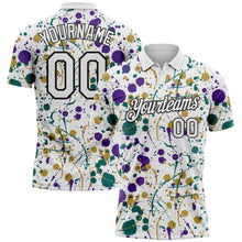 Load image into Gallery viewer, Custom Graffiti Pattern White Purple Teal Old Gold-Black Vibrant Multi-Color Abstract Splatter Performance Polo Shirt
