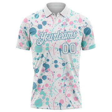 Custom Graffiti Pattern White Shadow Blue Ice Blue-Light Pink Vibrant Multi-Color Abstract Splatter Performance Polo Shirt