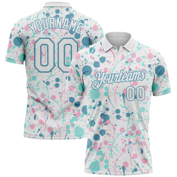 Custom Graffiti Pattern White Shadow Blue Ice Blue-Light Pink Vibrant Multi-Color Abstract Splatter Performance Polo Shirt