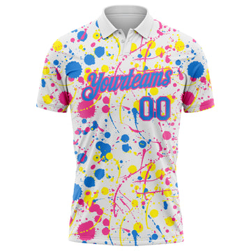 Custom Graffiti Pattern Powder Blue White Pink-Light Yellow Vibrant Multi-Color Abstract Splatter Performance Polo Shirt