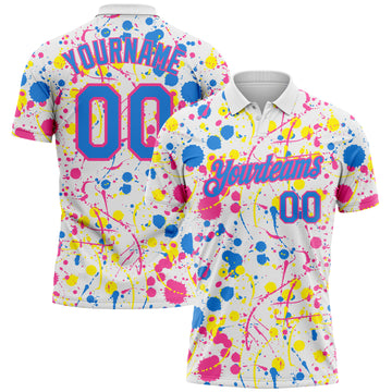 Custom Graffiti Pattern Powder Blue White Pink-Light Yellow Vibrant Multi-Color Abstract Splatter Performance Polo Shirt