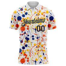 Load image into Gallery viewer, Custom Graffiti Pattern Royal White Orange-Yellow Vibrant Multi-Color Abstract Splatter Performance Polo Shirt
