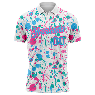 Custom Graffiti Pattern Sky Blue White Pink-Aqua Vibrant Multi-Color Abstract Splatter Performance Polo Shirt