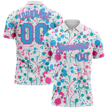 Custom Graffiti Pattern Sky Blue White Pink-Aqua Vibrant Multi-Color Abstract Splatter Performance Polo Shirt
