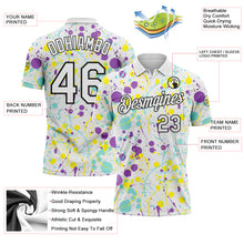 Загрузить изображение в средство просмотра галереи, Custom Graffiti Pattern White Medium Purple Ice Blue Light Yellow-Black Vibrant Multi-Color Abstract Splatter Performance Polo Shirt
