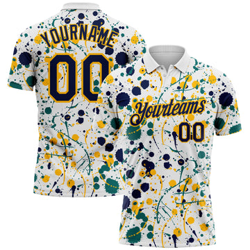 Custom Graffiti Pattern Navy White Teal-Gold Vibrant Multi-Color Abstract Splatter Performance Polo Shirt