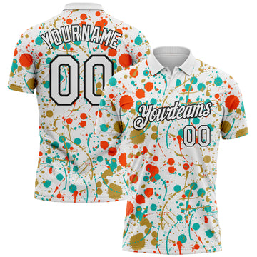 Custom Graffiti Pattern White Orange Old Gold Aqua-Black Vibrant Multi-Color Abstract Splatter Performance Polo Shirt