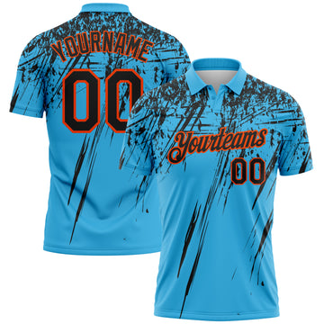 Custom Sky Blue Black-Orange Distressed Scratch Brush Stroke Performance Polo Shirt