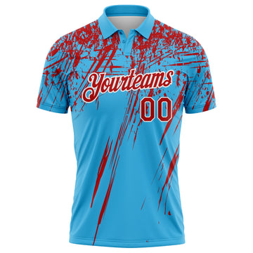 Custom Sky Blue Red-White Distressed Scratch Brush Stroke Performance Polo Shirt