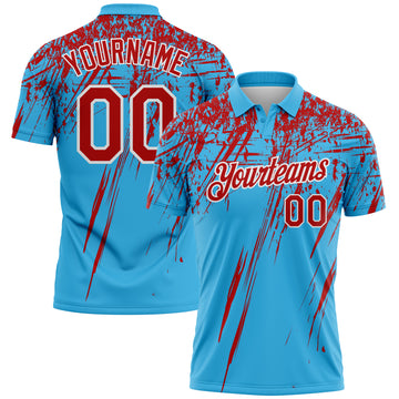 Custom Sky Blue Red-White Distressed Scratch Brush Stroke Performance Polo Shirt