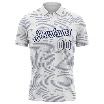 Custom White-Navy 3D Pattern Abstract Fluid Line Performance Polo Shirt