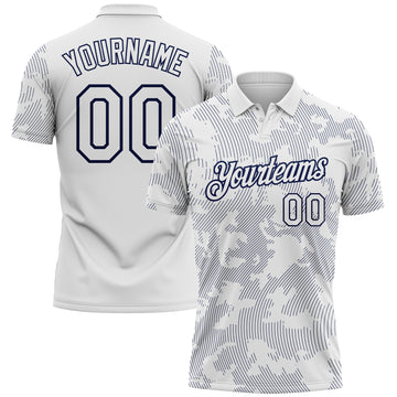 Custom White-Navy 3D Pattern Abstract Fluid Line Performance Polo Shirt