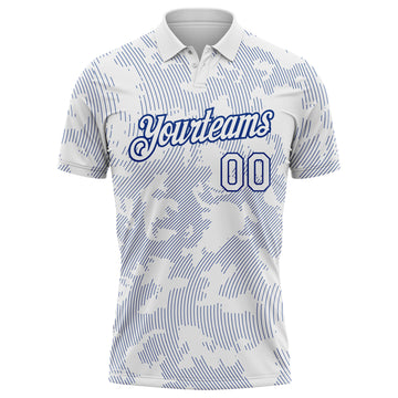 Custom White-Royal 3D Pattern Abstract Fluid Line Performance Polo Shirt