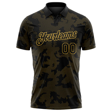 Custom Black-Old Gold 3D Pattern Abstract Fluid Line Performance Polo Shirt