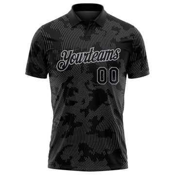 Custom Black-Gray 3D Pattern Abstract Fluid Line Performance Polo Shirt