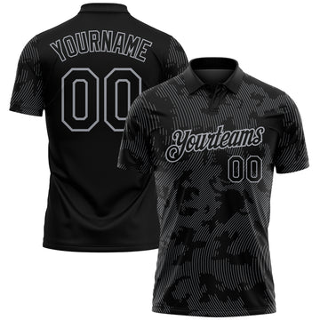 Custom Black-Gray 3D Pattern Abstract Fluid Line Performance Polo Shirt