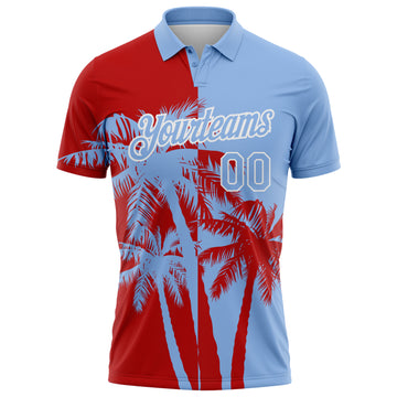 Custom Light Blue Red-White Hawaii Tropical Coastal Palm Trees Performance Polo Shirt