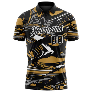 Custom Black Old Gold Gray-White 3D Pattern Abstract Fluid Marble Performance Polo Shirt