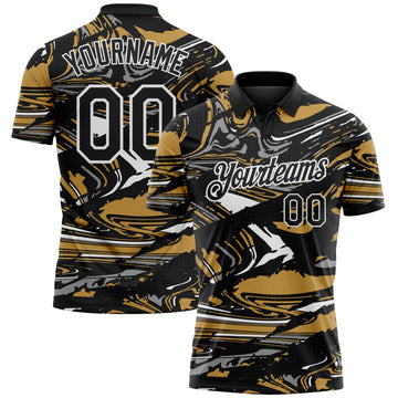 Custom Black Old Gold Gray-White 3D Pattern Abstract Fluid Marble Performance Polo Shirt