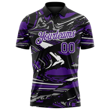 Custom Black Purple Gray-White 3D Pattern Abstract Fluid Marble Performance Polo Shirt