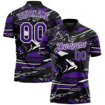 Custom Black Purple Gray-White 3D Pattern Abstract Fluid Marble Performance Polo Shirt