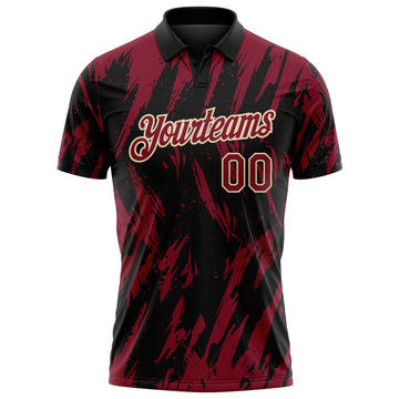 Custom Black Crimson-Cream Torn Sharp Brush Stroke Splatter Performance Polo Shirt