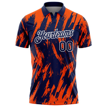 Custom Navy Orange-White Torn Sharp Brush Stroke Splatter Performance Polo Shirt